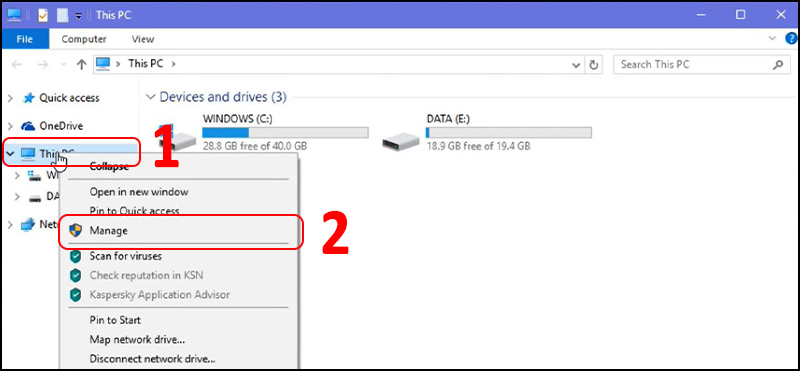 Click vào biểu tượng This PC và chọn Manage